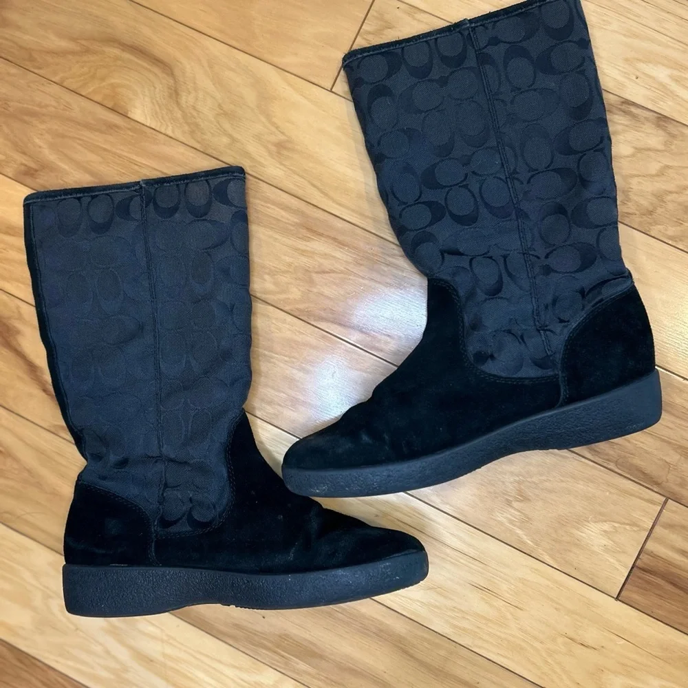 Coach Black Signature Patterned Suede Winter Lined Boots
